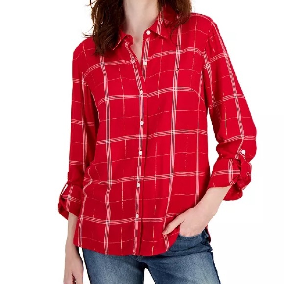 Tommy Hilfiger Tops - Tommy Hilfiger XL Red‎ Plaid Metallic Roll-Tab Button-Down Shirt Preppy Festive